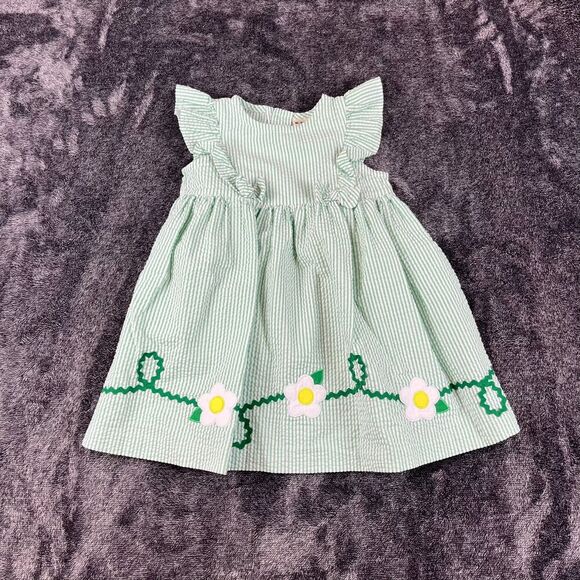 Vtg B.T. Kids Seersucker Striped Dress Embroidered Girls 2T Ruffle Floral *Read - Picture 1 of 9